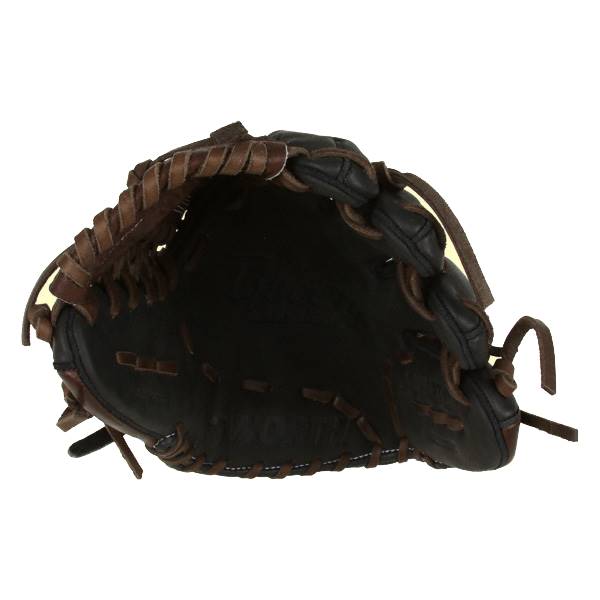 Top-down view of a black baseball glove with brown lacing and a deep pocket.