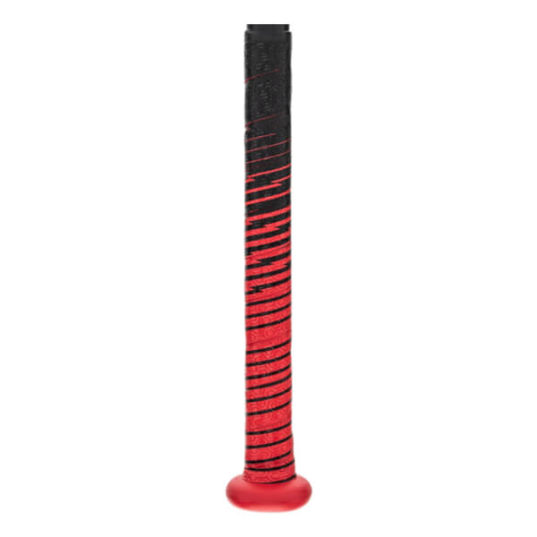 Side view of a black and red baseball bat with a striped grip and red knob.