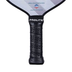 Close-up of a black pickleball paddle grip with perforations and the PROLITE logo.
