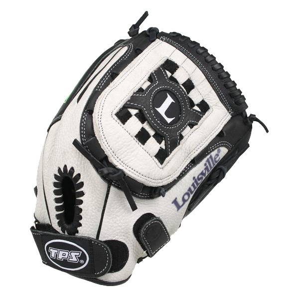 Front view of a white and black baseball glove with a checkered pattern and Louisville text.