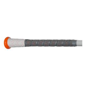 Side view of a white baseball bat with an orange end cap and a gray grip with orange diamond pattern.