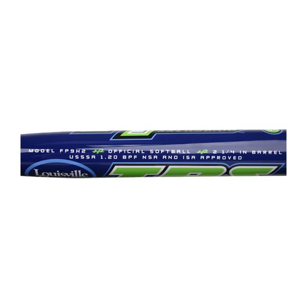 Side view of a blue Louisville Slugger softball bat with green lettering and model FP9H2.