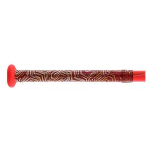 Side view of a red baseball bat with a geometric patterned grip.