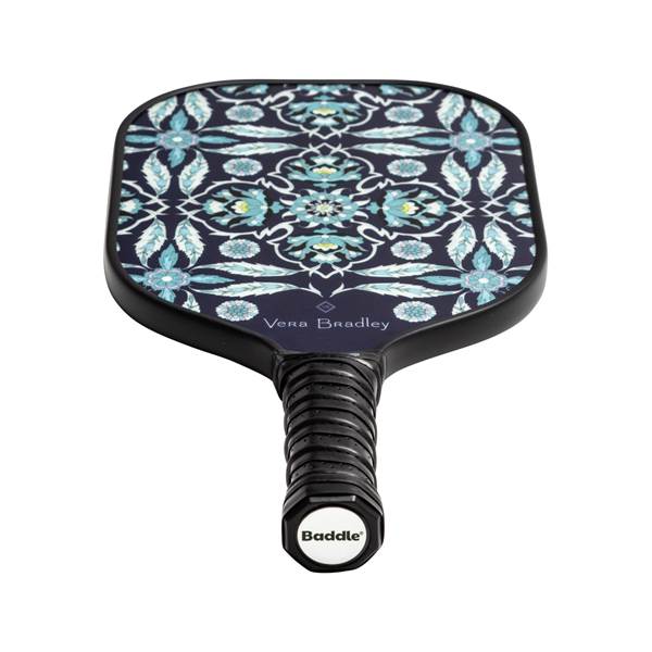 Top-down view of a dark blue pickleball paddle with a floral pattern and Vera Bradley text.