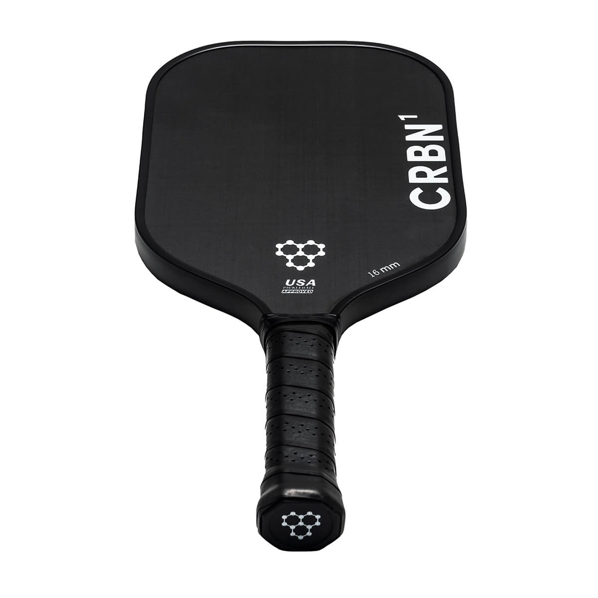 Top-down view of a black CRBN¹ pickleball paddle with honeycomb logo and 16 mm text.