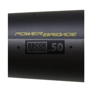 Close-up of a black baseball bat with yellow POWER BRIGADE text and a BBCOR CERTIFIED .50 label.