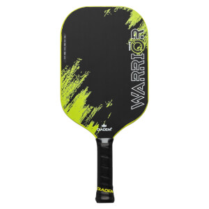 Front view of a black and neon yellow pickleball paddle with a splatter design and vertical WARRIOR text.