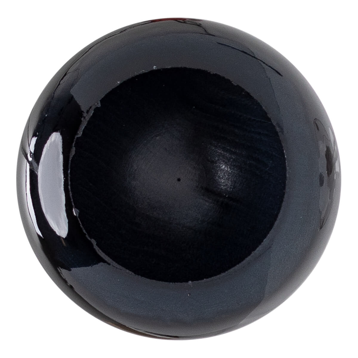 Top-down view of a black baseball bat with a hollowed barrel and wood grain texture.