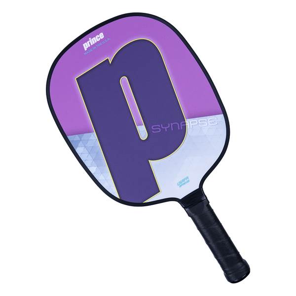 Top-down view of a purple pickleball paddle with a large P graphic and SYNAPSE text.