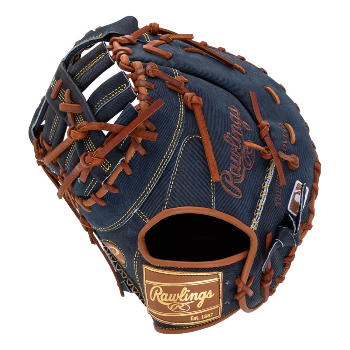 Top-down view of a blue baseball glove with brown lacing and Rawlings branding.