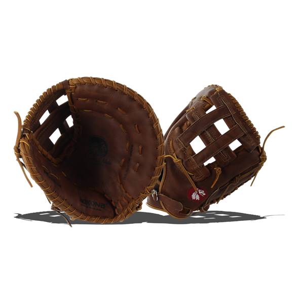 Top-down view of brown Nokona baseball gloves with visible branding and a webbed design.