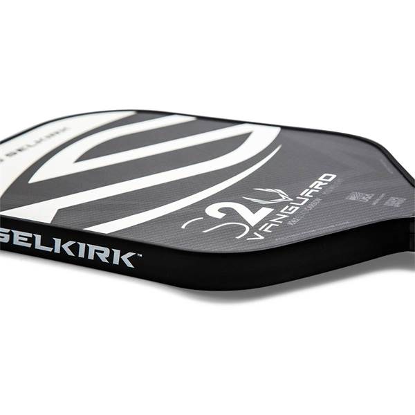 Side view of a black pickleball paddle with white Selkirk branding and S2 Vanguard text.