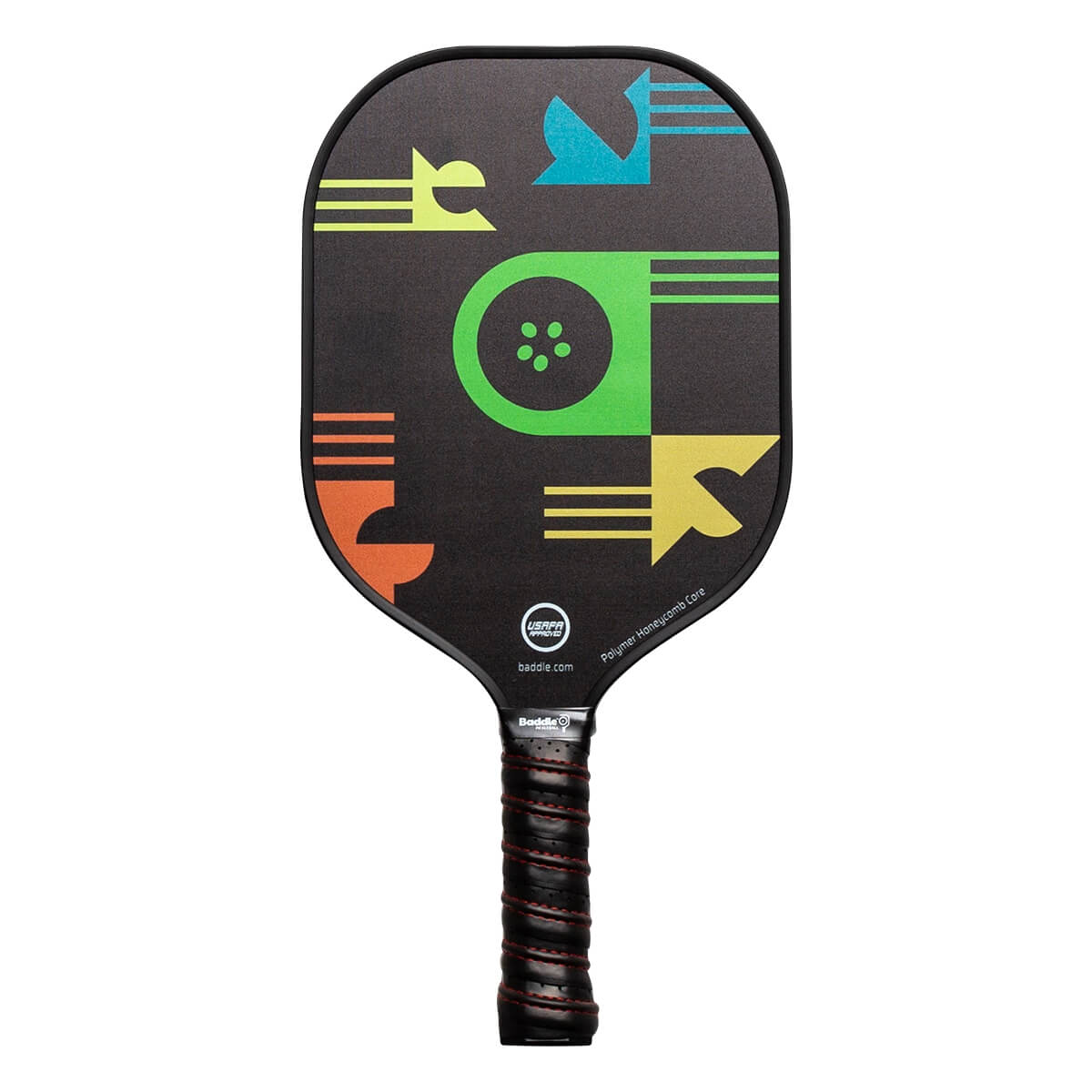 Front view of a black pickleball paddle with colorful geometric designs and a textured grip.