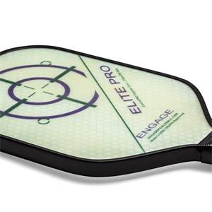 Corner view of a white pickleball paddle with purple target and ELITE PRO text.