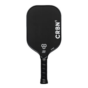 Front view of a black pickleball paddle with CRBN¹ branding, a honeycomb logo, and 16 mm text.