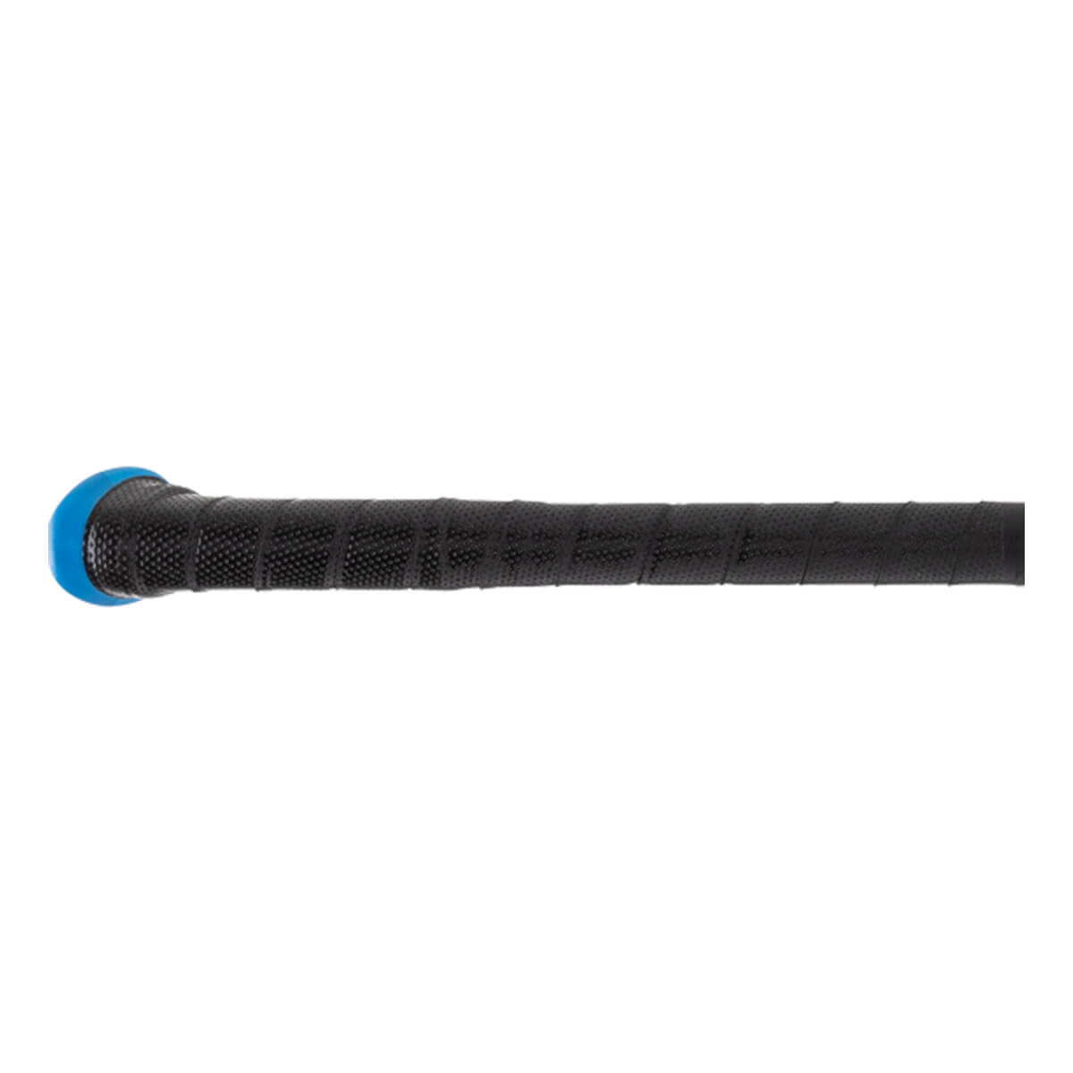 Side view of a black baseball bat with a blue end cap and textured grip.