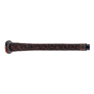 Side view of a black Louisville Slugger Meta BBCOR baseball bat with a red patterned grip.