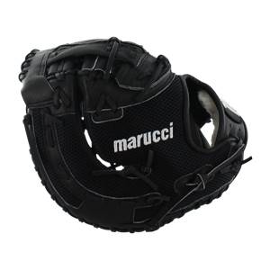Front view of a black baseball glove with white marucci text and mesh detailing.