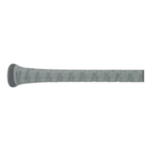 Side view of a gray baseball bat with a textured grip and visible Marucci branding.