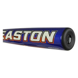 Side view of a blue Easton baseball bat with white and orange lettering and a black end cap.