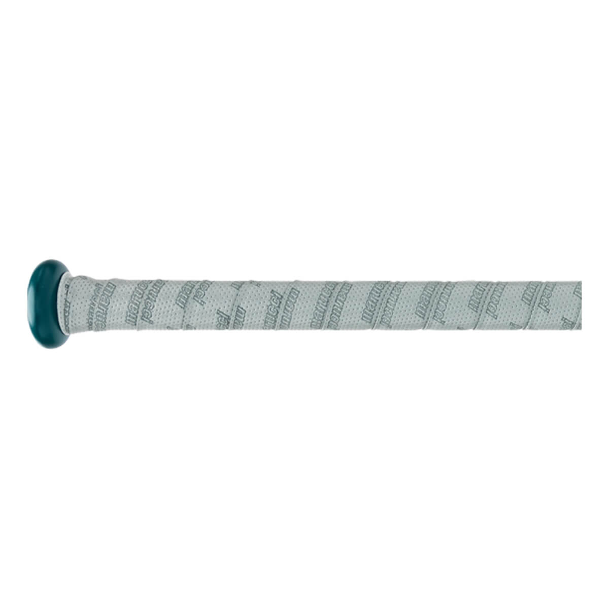 Side view of a teal baseball bat with a white grip featuring repeating Marucci text.