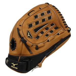 Side view of a tan and black baseball glove with black lacing and a Mizuno logo.