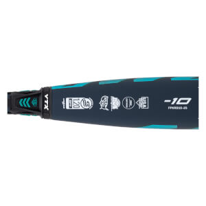 Close-up of the navy and teal bat barrel taper showing the VTX logo, USA Softball and USSSA certification stamps, and the large -10 and FPKRD10-25 markings.
