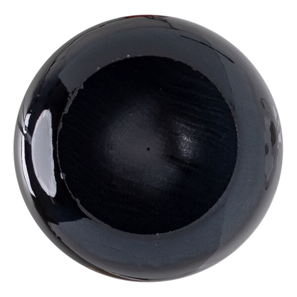 Top-down view of a black baseball bat with a hollowed barrel and wood grain texture.