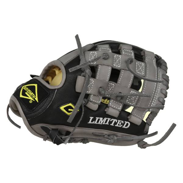 Side view of a black and gray baseball glove with LIMITED text and yellow branding.