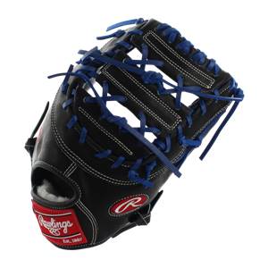 Front view of a black Rawlings first base mitt with blue lacing and white stitching.