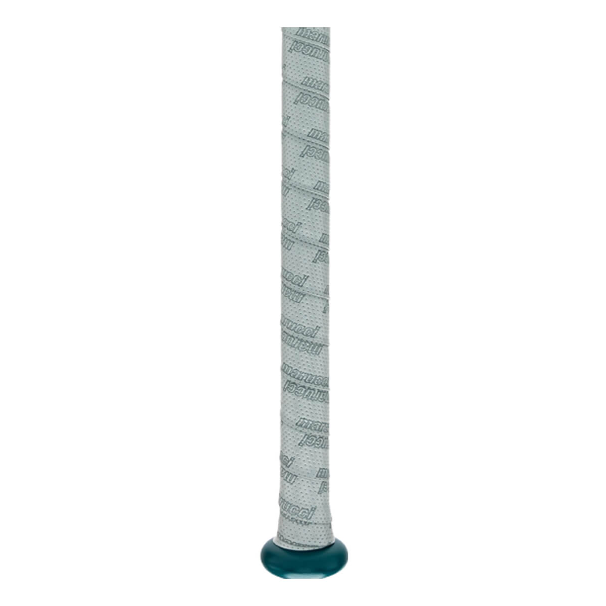 Close-up of a light gray baseball bat grip with repeating Marucci text and a teal knob.