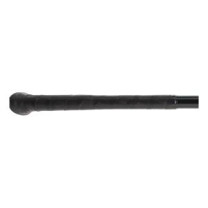 Side view of a black baseball bat with a textured grip.