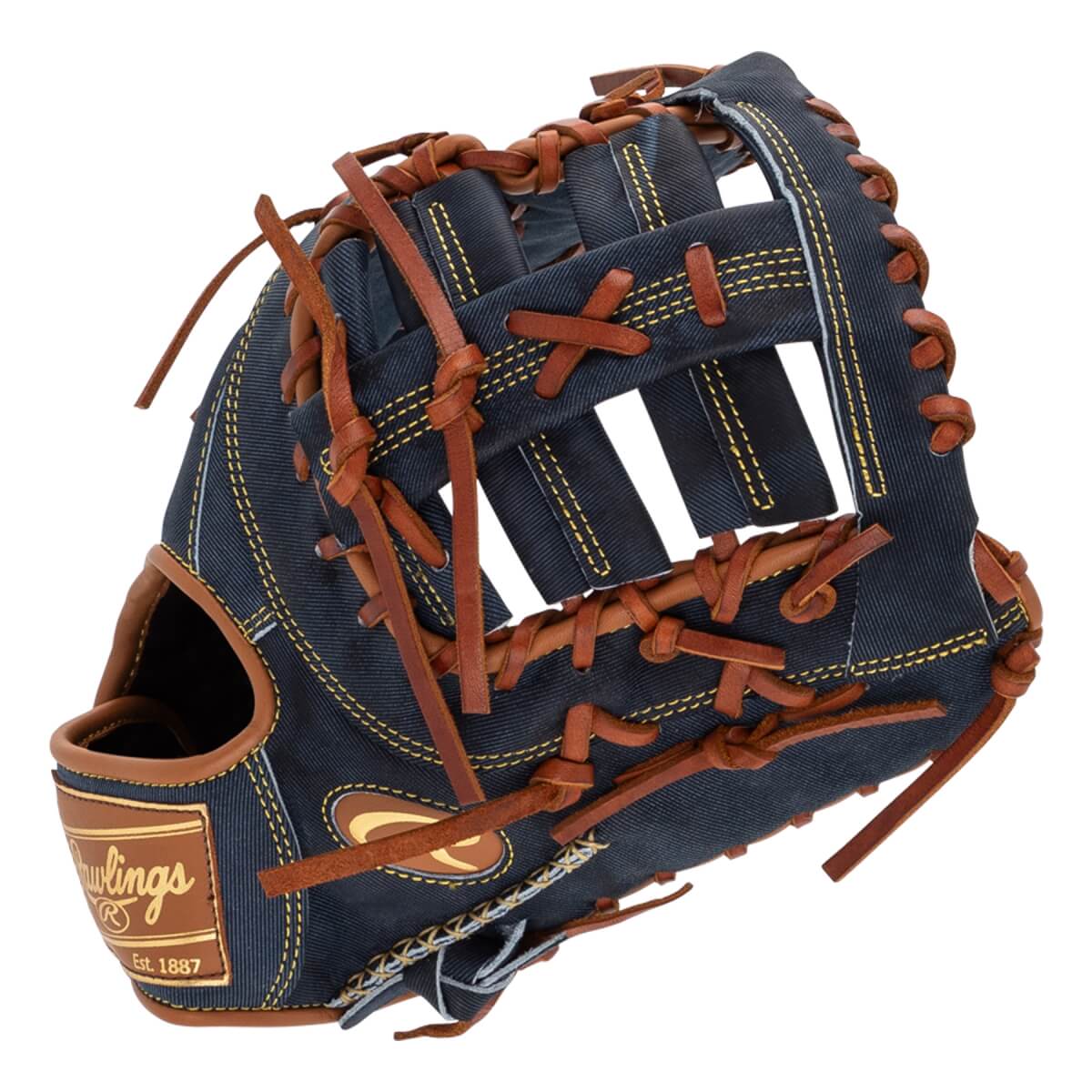 Front view of a dark blue baseball glove with brown lacing and a Rawlings Est. 1887 logo.