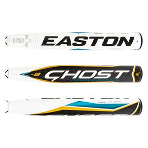 Side view of a white Easton Ghost Double Barrel fastpitch softball bat with black and yellow accents.