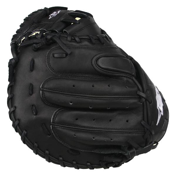 Front view of a black catchers mitt with white Easton branding and detailed lacing.