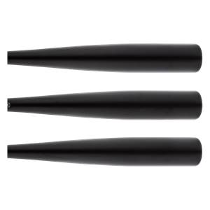 Top-down view of three black baseball bats with smooth barrels.