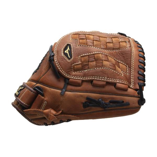 Side view of a brown leather baseball glove with a woven palm and black lacing.