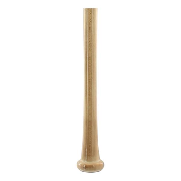 Bottom view of a natural wood baseball bat with a flared knob and ribbed handle.