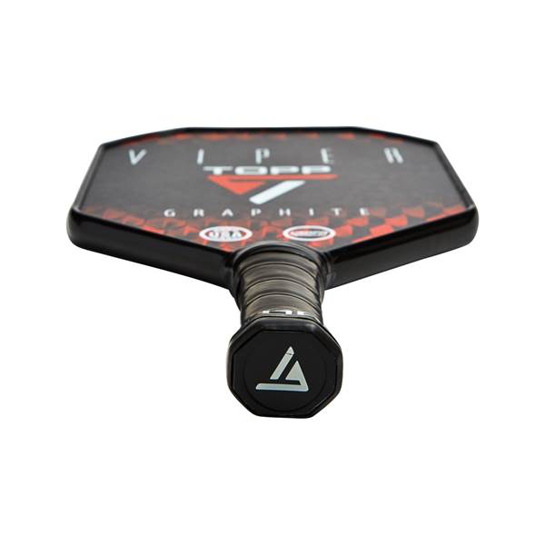 Top-down view of a black pickleball paddle with red checkered pattern and TOPP VIPER GRAPHITE text.