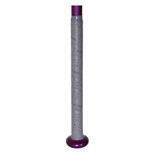 Close-up of a purple and gray Easton fastpitch softball bat with a perforated grip.