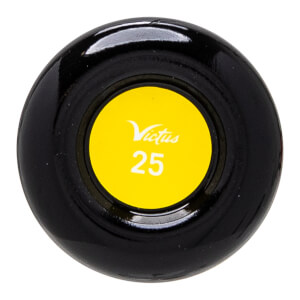 Top-down view of a black baseball bat end cap with a yellow circle featuring Victus and 25.
