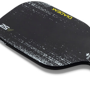 Top-down view of a black pickleball paddle with white speckle pattern and yellow DIADEM branding.