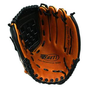Top-down view of an orange baseball glove with black lacing and Brett Pro Dominator Series text.