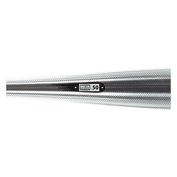Side view of a silver baseball bat with a black BBCOR CERTIFIED 50 label.