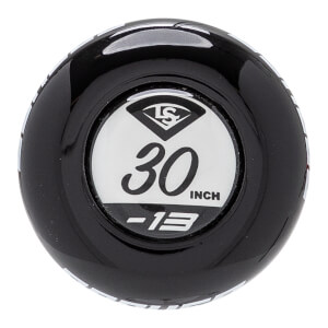 Top-down view of a black fastpitch softball bat end cap with a white center showing the LS logo, 30 INCH, and -13.