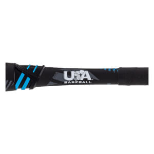 Side view of a black baseball bat handle with blue grip accents, textured grip, and a USA BASEBALL logo.