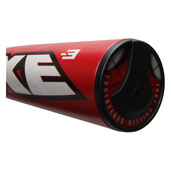 End view of a red baseball bat with a black cap and ENGINEERED HITTING ZONE text.