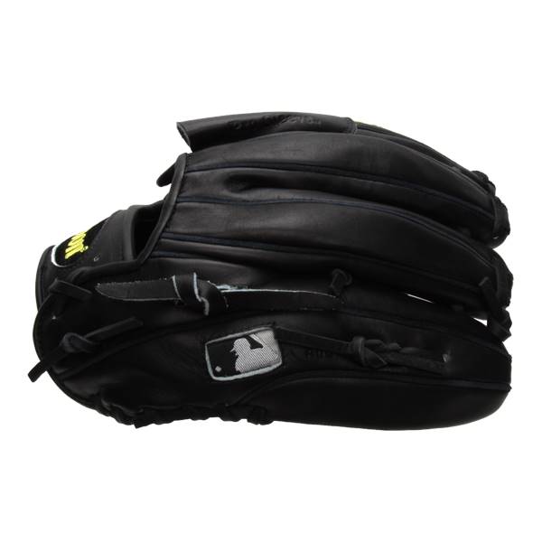 Side view of a black baseball glove with MLB logo and yellow Wilson branding.