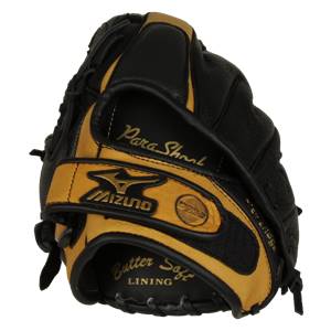 Close-up of a black and tan Mizuno baseball glove with Para Shock and Butter Soft Lining text.