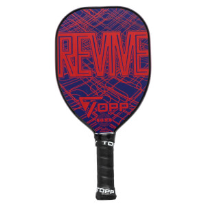 Front view of a blue pickleball paddle with red REVIVE text and TOPP logo.